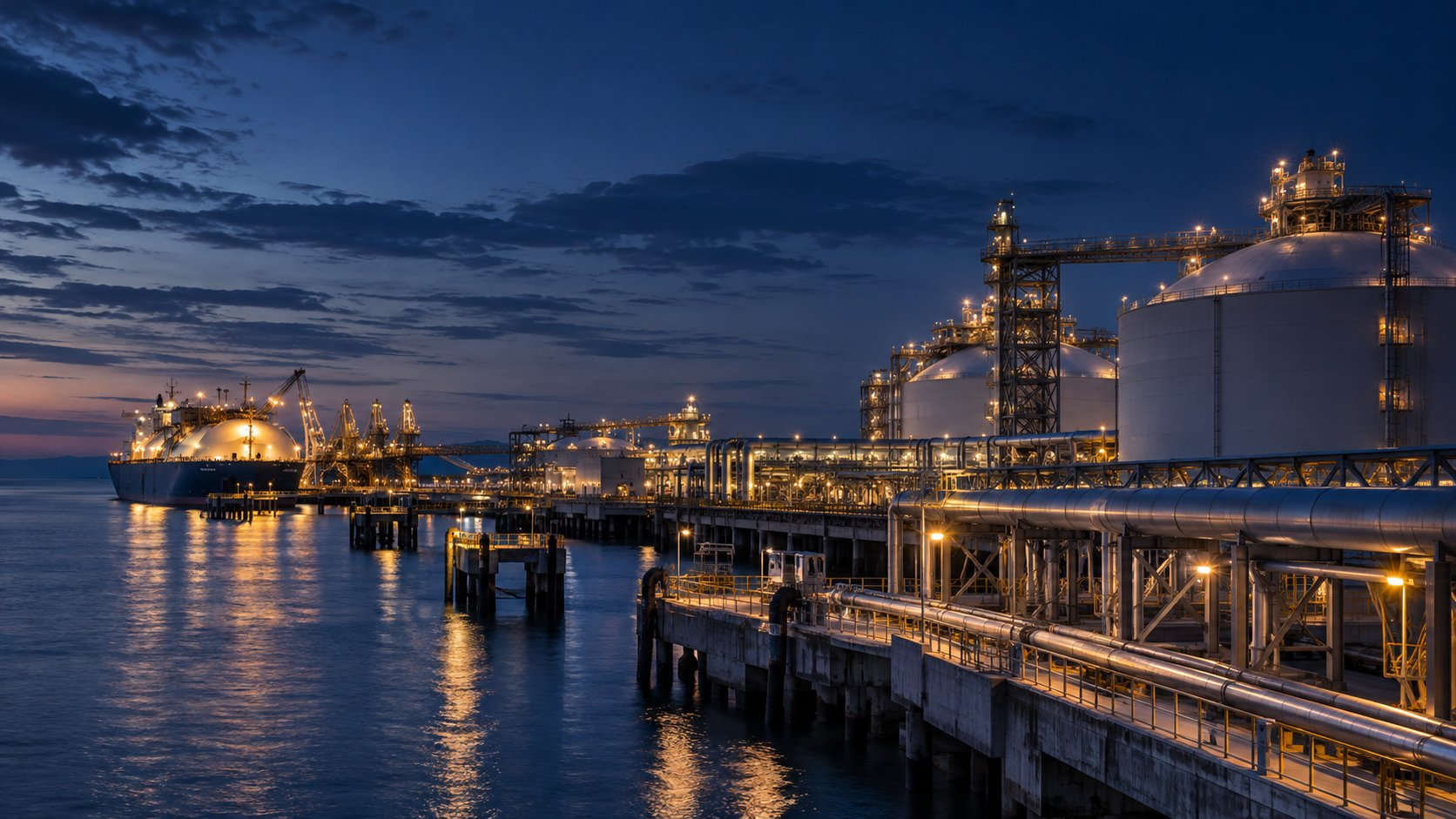 Conceptual energy infrastructure at an industrial port at dusk